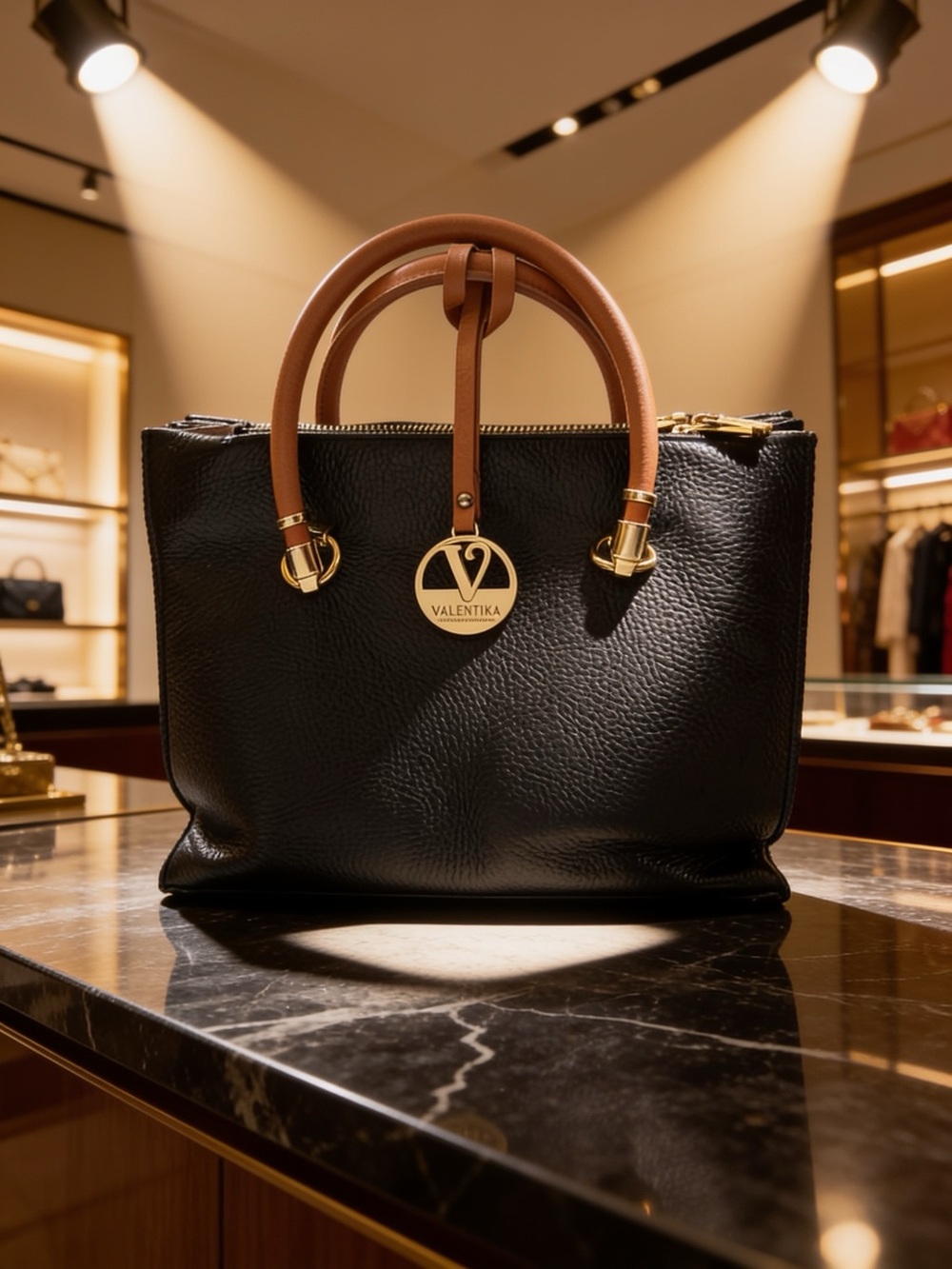 Valentina Black Leather Hand/Shoulder Tote with Brown Handles Made in Italy